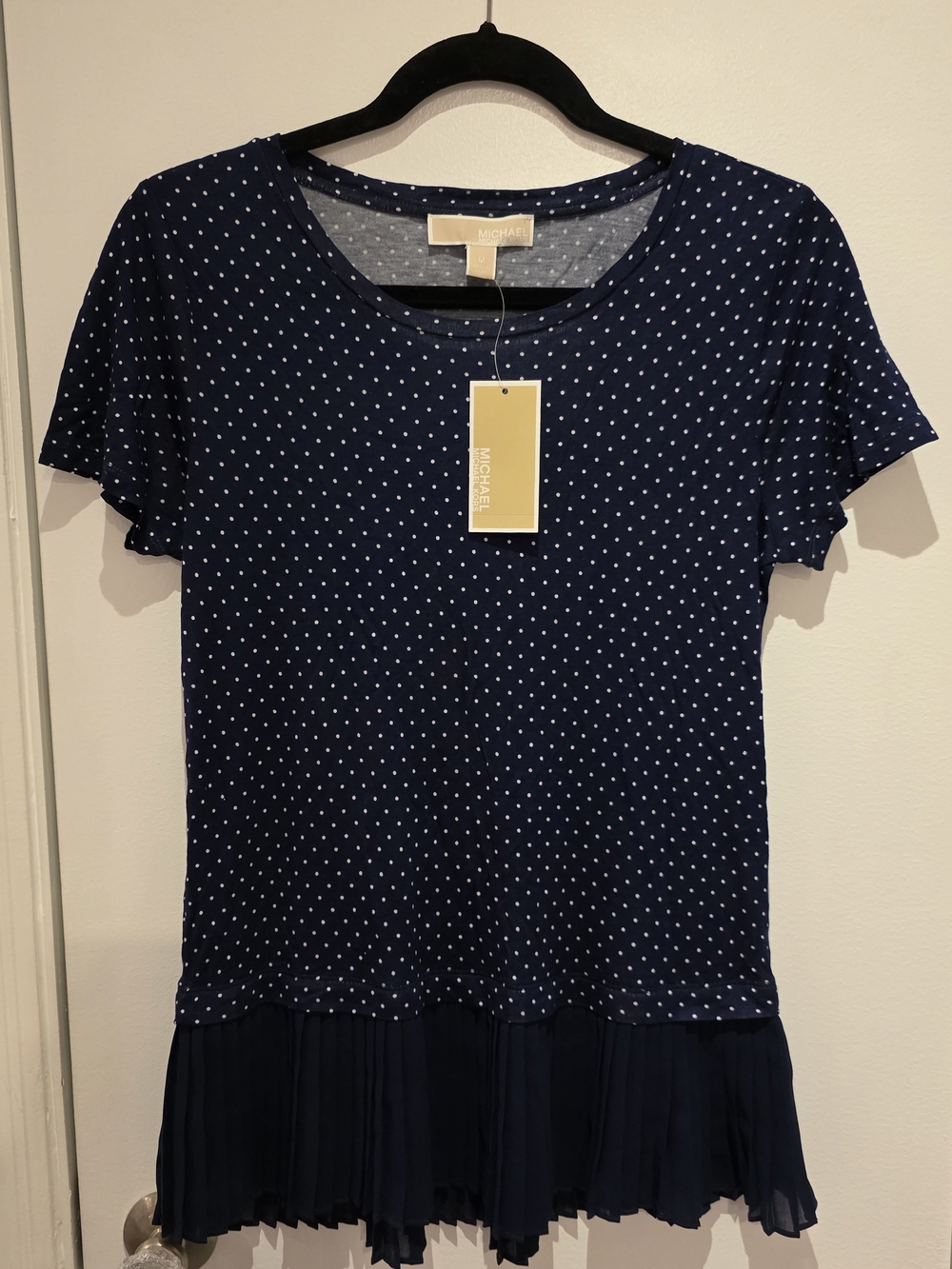 Michael Kors Navy Polka Dot Pleated-Hem Top | NWT | Size M - Picture 2 of 6